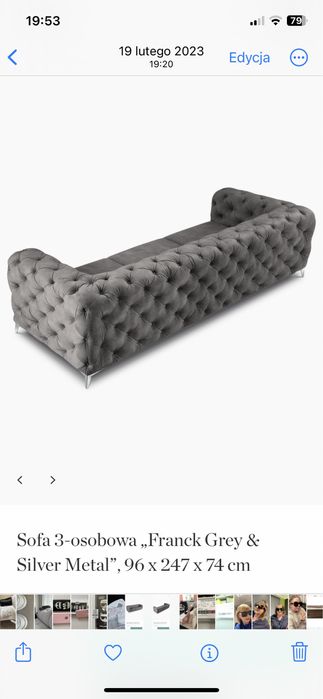 Szara trzyosobowa pikowana aksamitna sofa Westwing