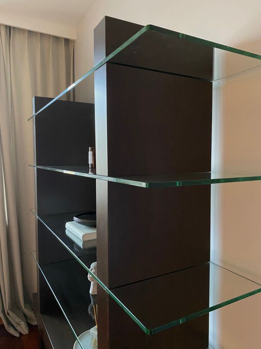 Regał z ciemnego drewna ze szklanymi półkami