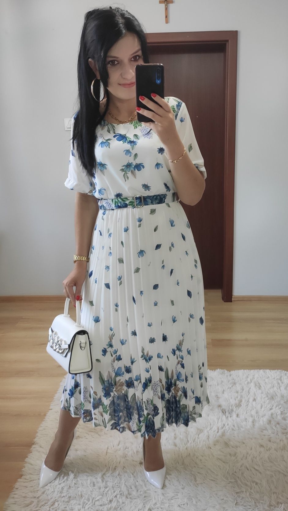 Sukienka MIDI w kwiaty pasek wesele komunia chrzciny