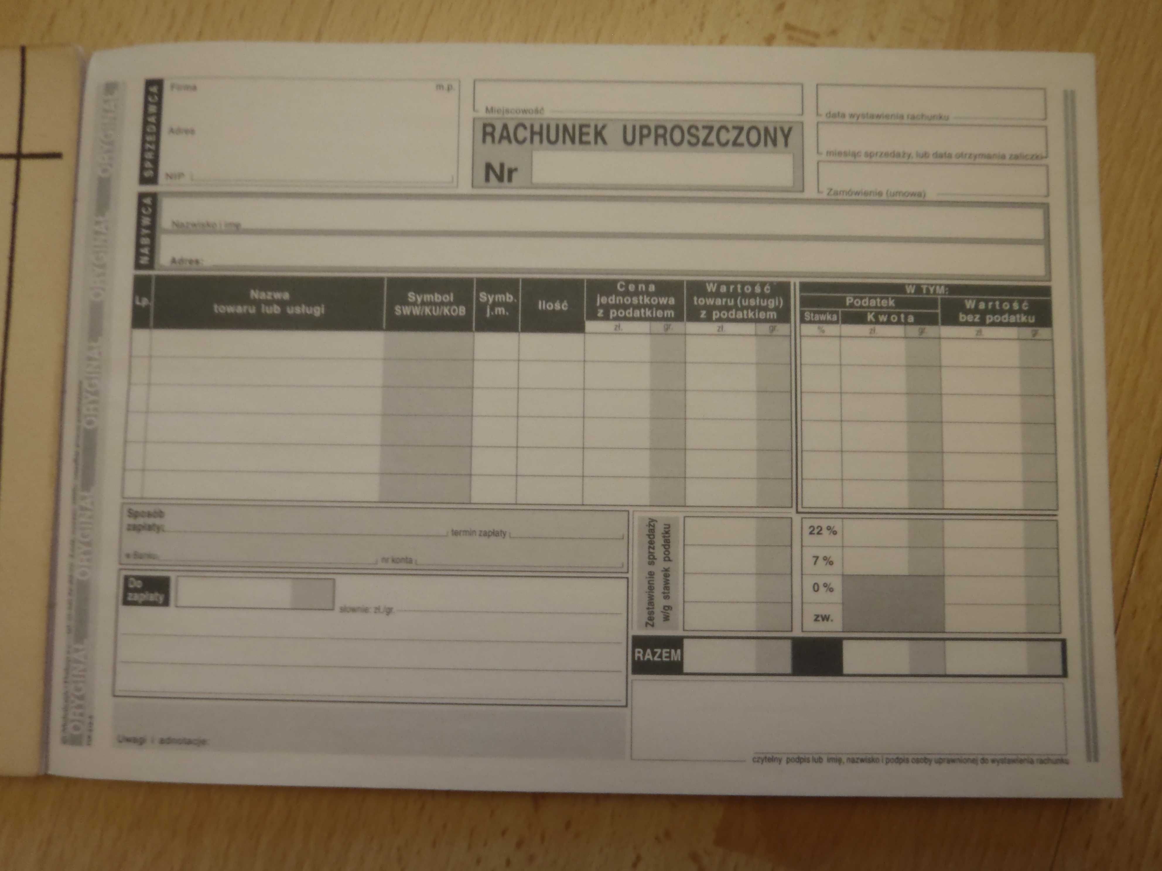 Rachunek uproszczony druk 35 szt w bloczku