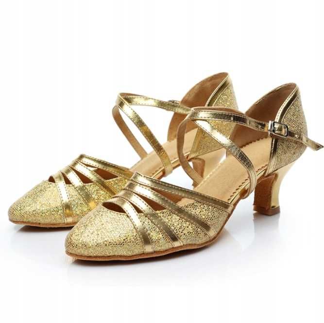 Damskie wygodne złote buty do tańca latynoskiego tango obcas 5cm r. 41