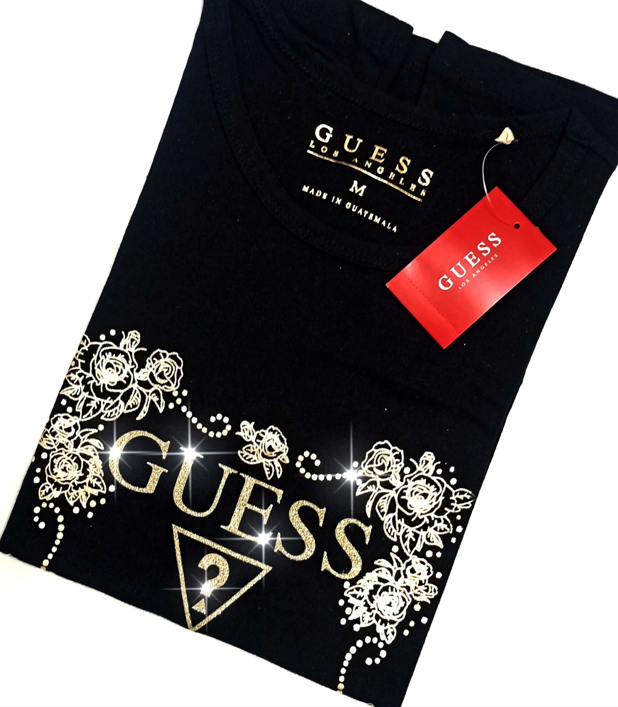 GUESS Oryginalny! T-Shirt Koszulka Bluzka Czarna Zlota Brokat