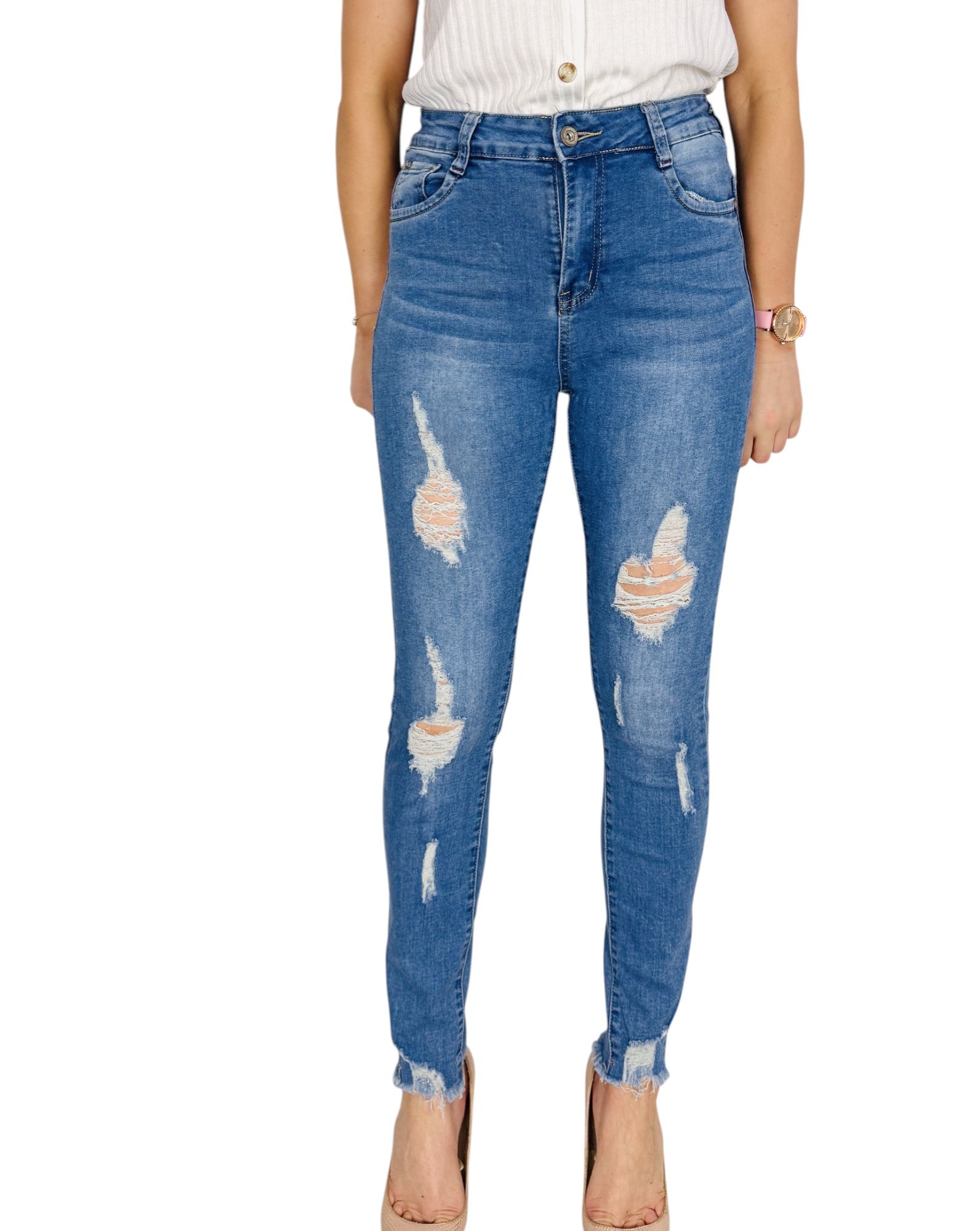 Jasnoniebieskie jeansowe spodnie rurki z przetarciami S 36
