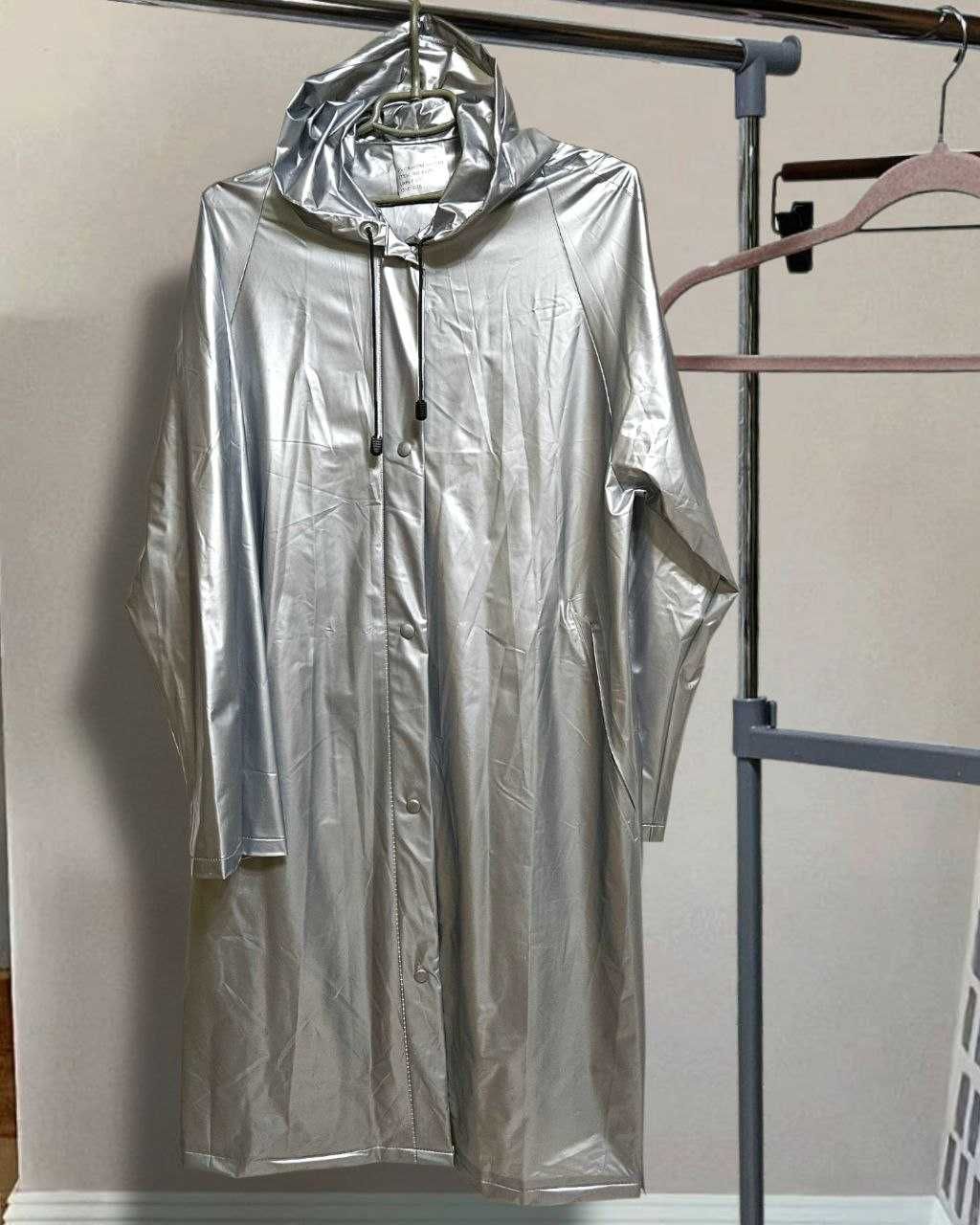 Серебристый дождевик-плащ из пвх с капюшоном, One Size