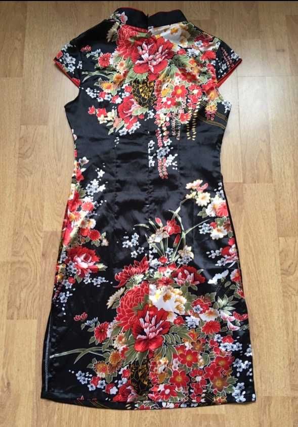 Czarna satynowa sukienka mini chińska qipao cheongsam XS