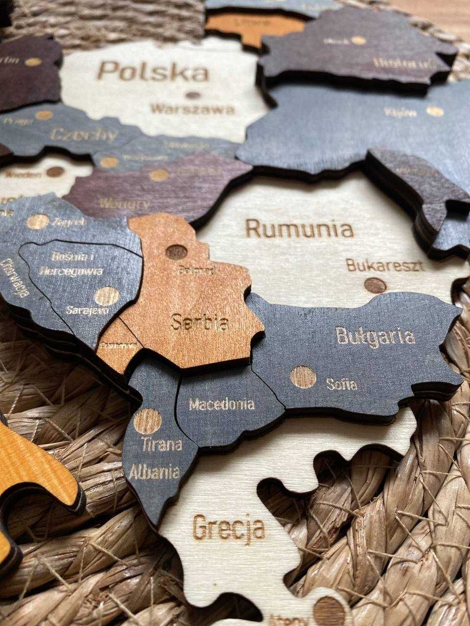 Drewniana mapa Europy + Anglia 3D Miasta dekoracja ścienna