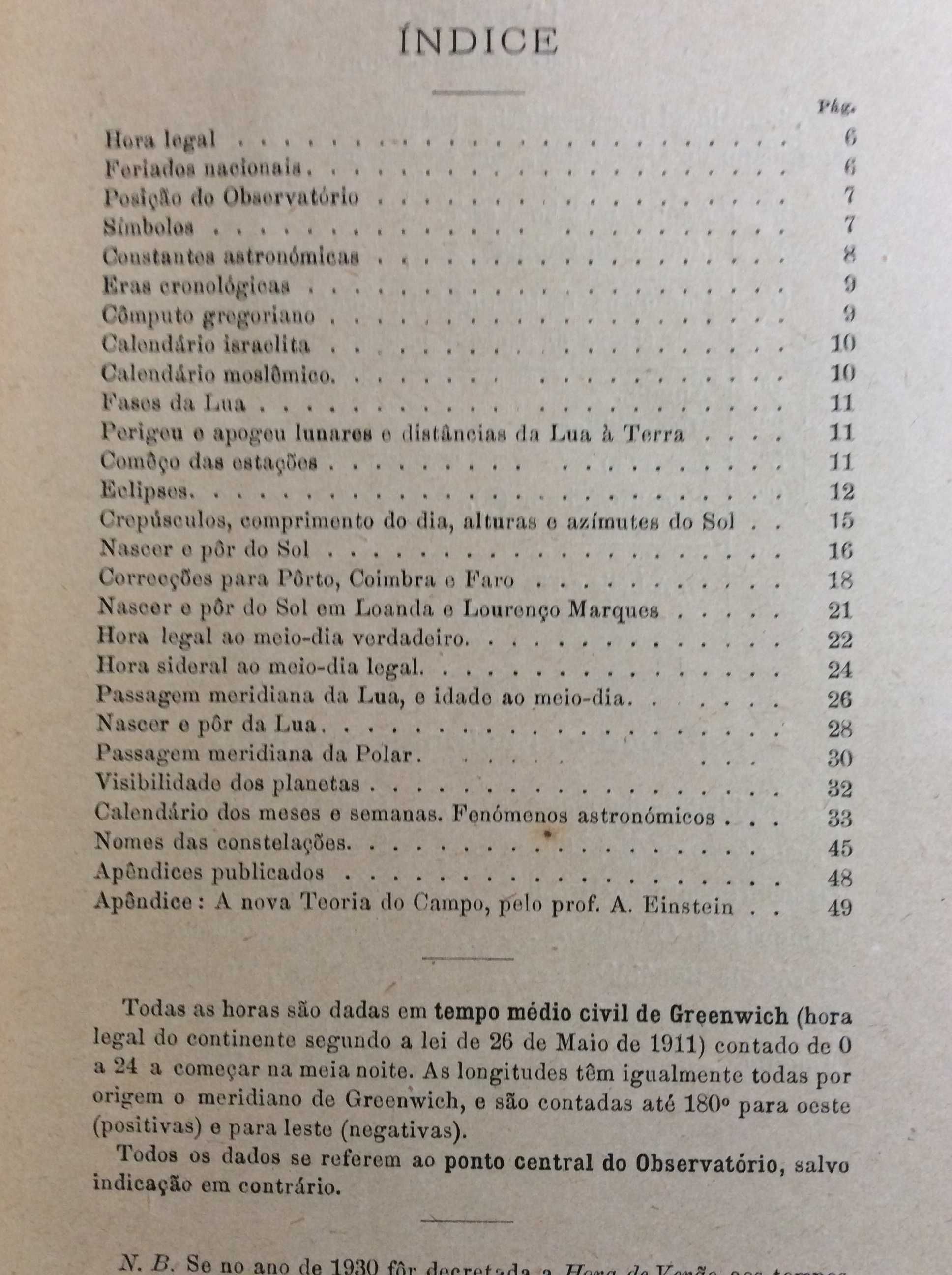 Dados astronómicos para os almanaq. de 1930 para Portugal. Ver índice