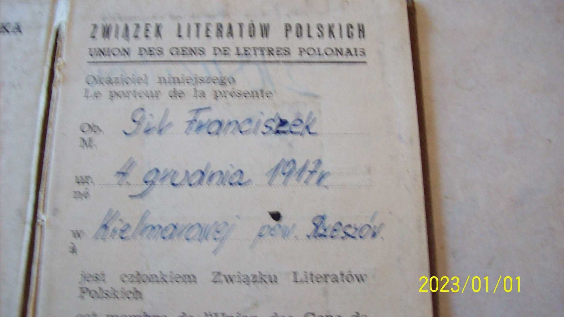 Legitymacja Związku Literatów Polskich pisarza Franciszka Gila.