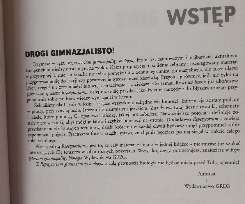 Repetytorium gimnazjalisty biologia wydawnictwo Greg