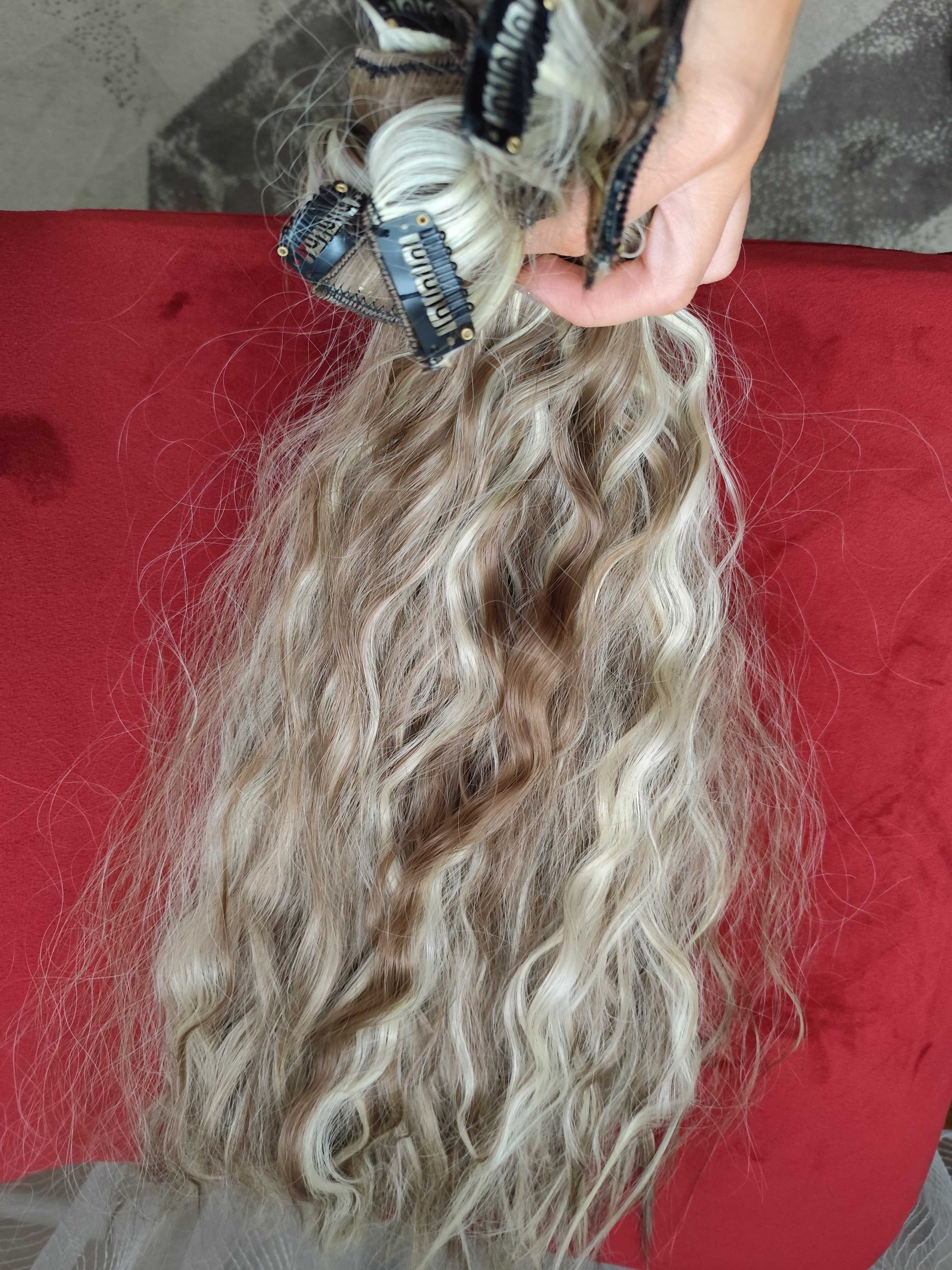 Włosy syntetyczne taśmy 150 g zestaw pasemka blond brąz falowane