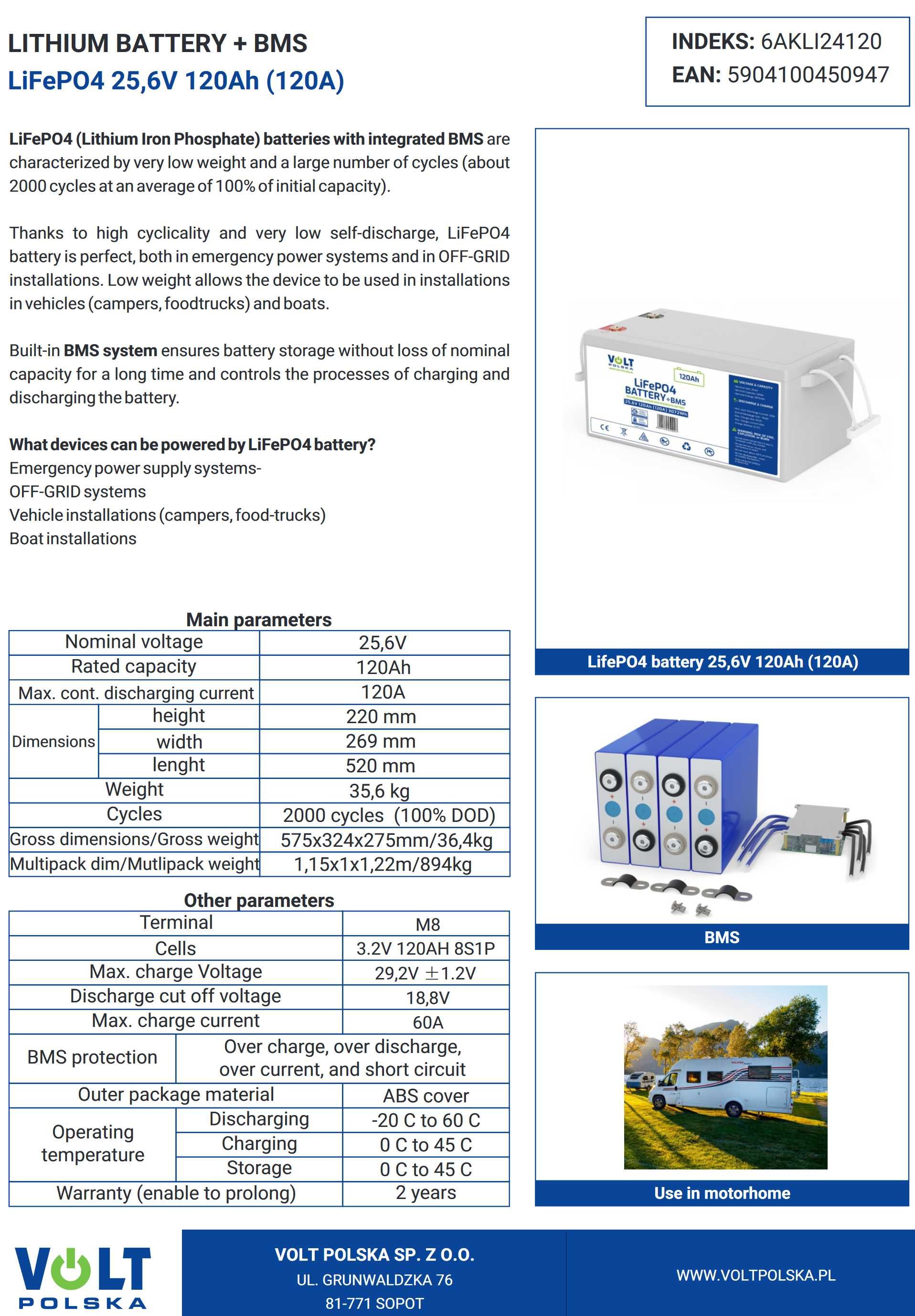 Акумулятор 120A Volt Polska LiFePO4 24V 20Ah+BMS (6AKLI24120)