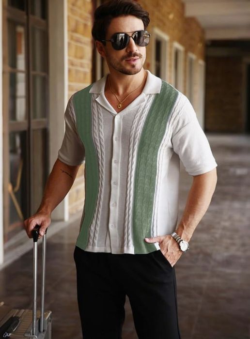 Koszula męska z krótkim rękawem, biało zielona, rozmiar S, HYPESTFIT