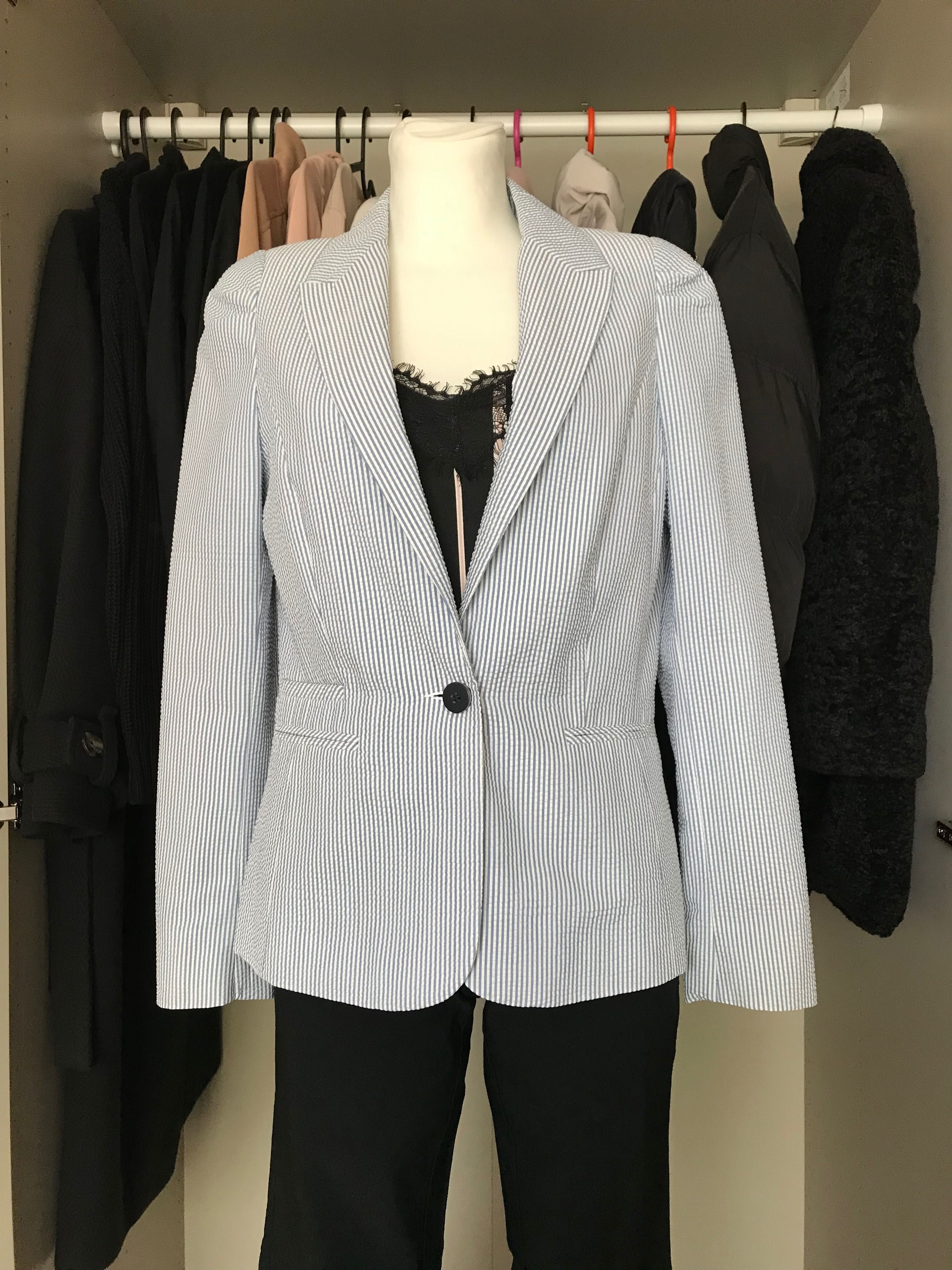 H&M damski żakiet/marynarka w jasnoniebieskie paski r. 40 wymiary opis