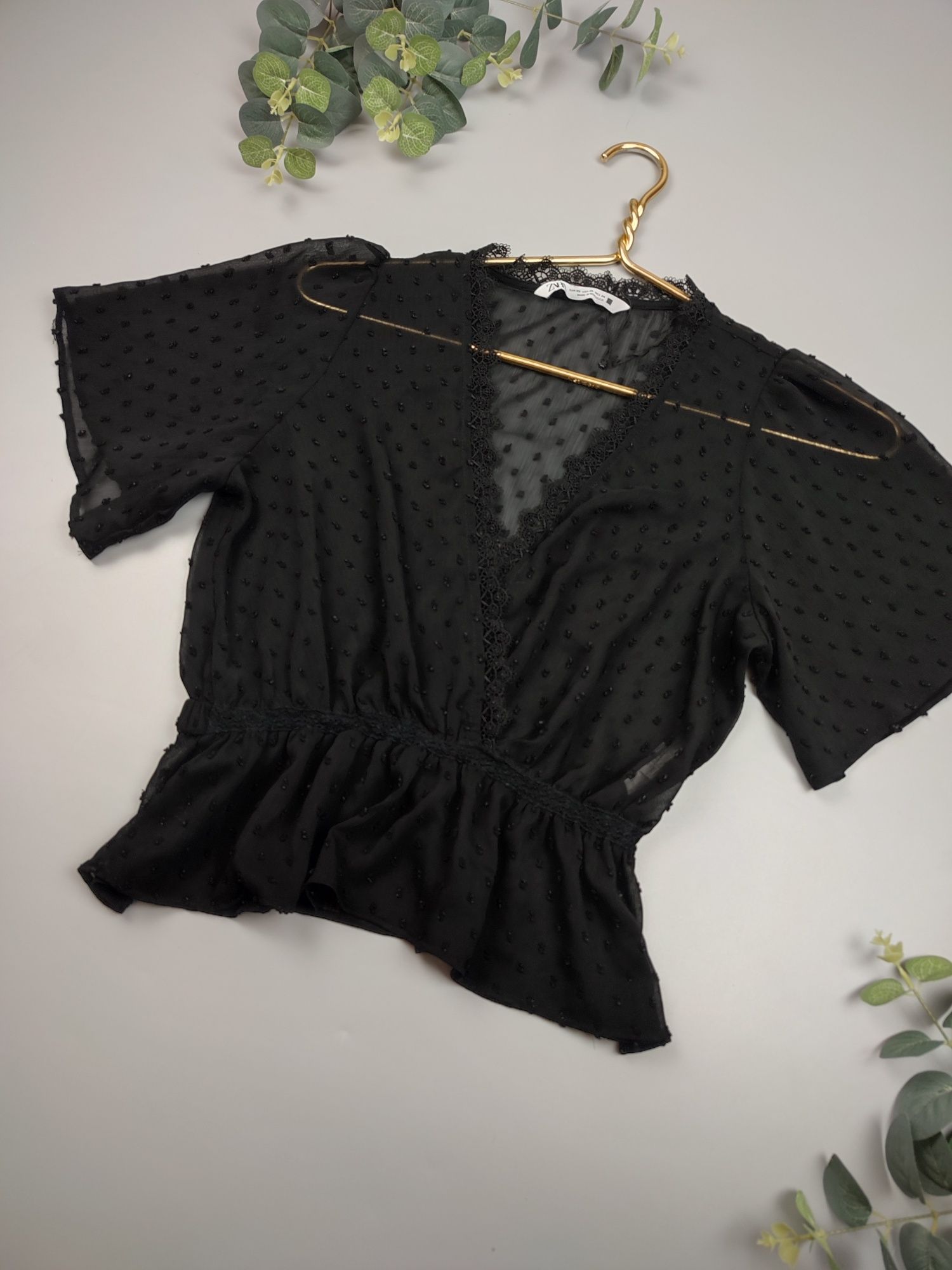 Чорна блуза  Zara, топ Zara,  черная блузка в горошек