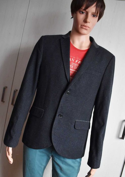 Marynarka blazer wełniana M L elegancka wełna biurowa męska granatowa