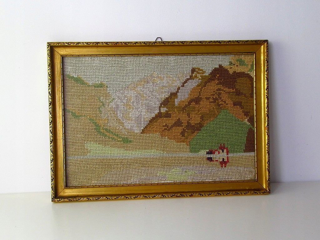 haftowany malowany obraz jezioro góry