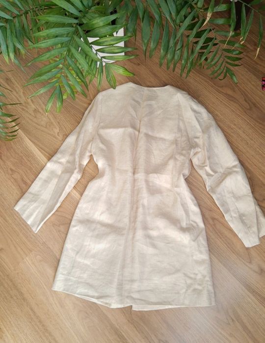 Zara Basic beżowy  płaszcz 100% len narzutka XS S old money