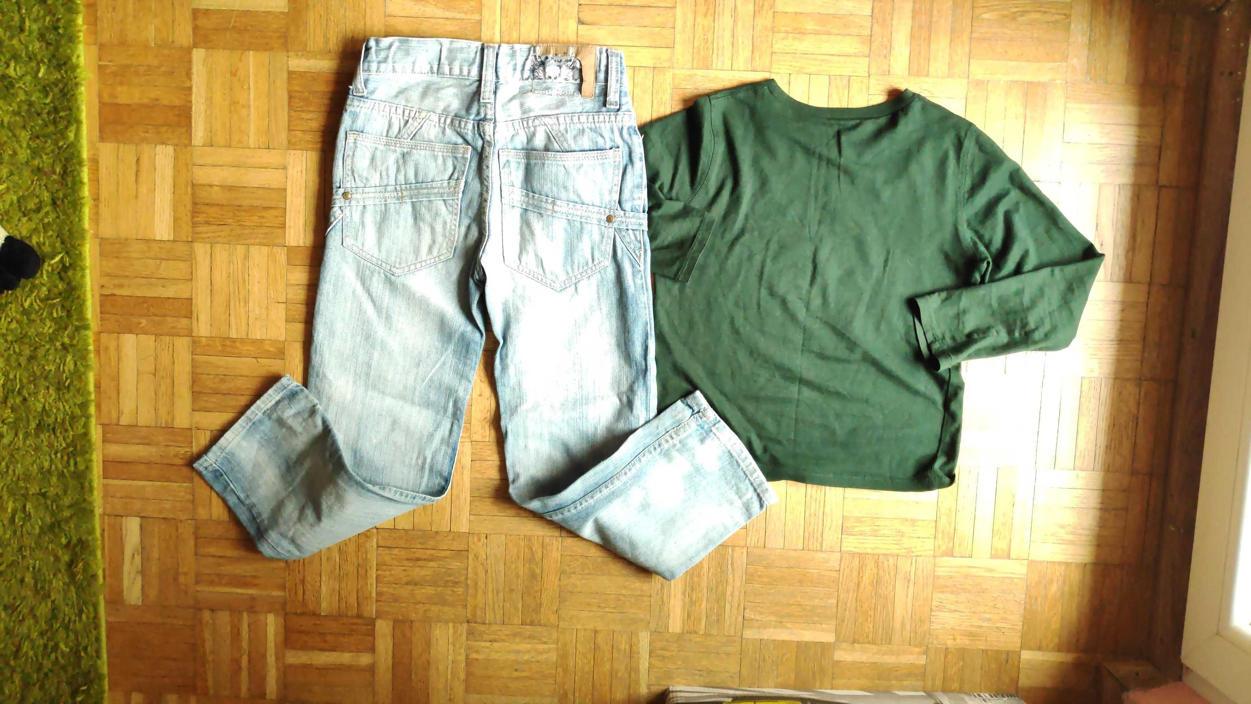 Komplet: ciemnozielona bluzka H&M+jasne dżinsy, rozmiar 128