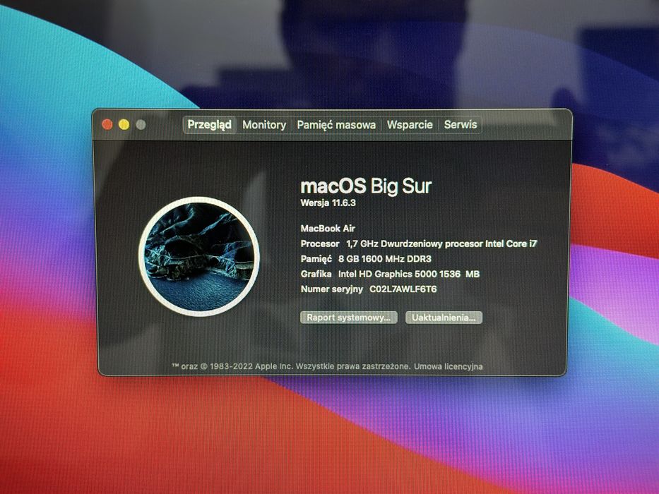 ** MacBook Air A1466/i7/128GB SSD/8GB RAM/2x1.7GHz **