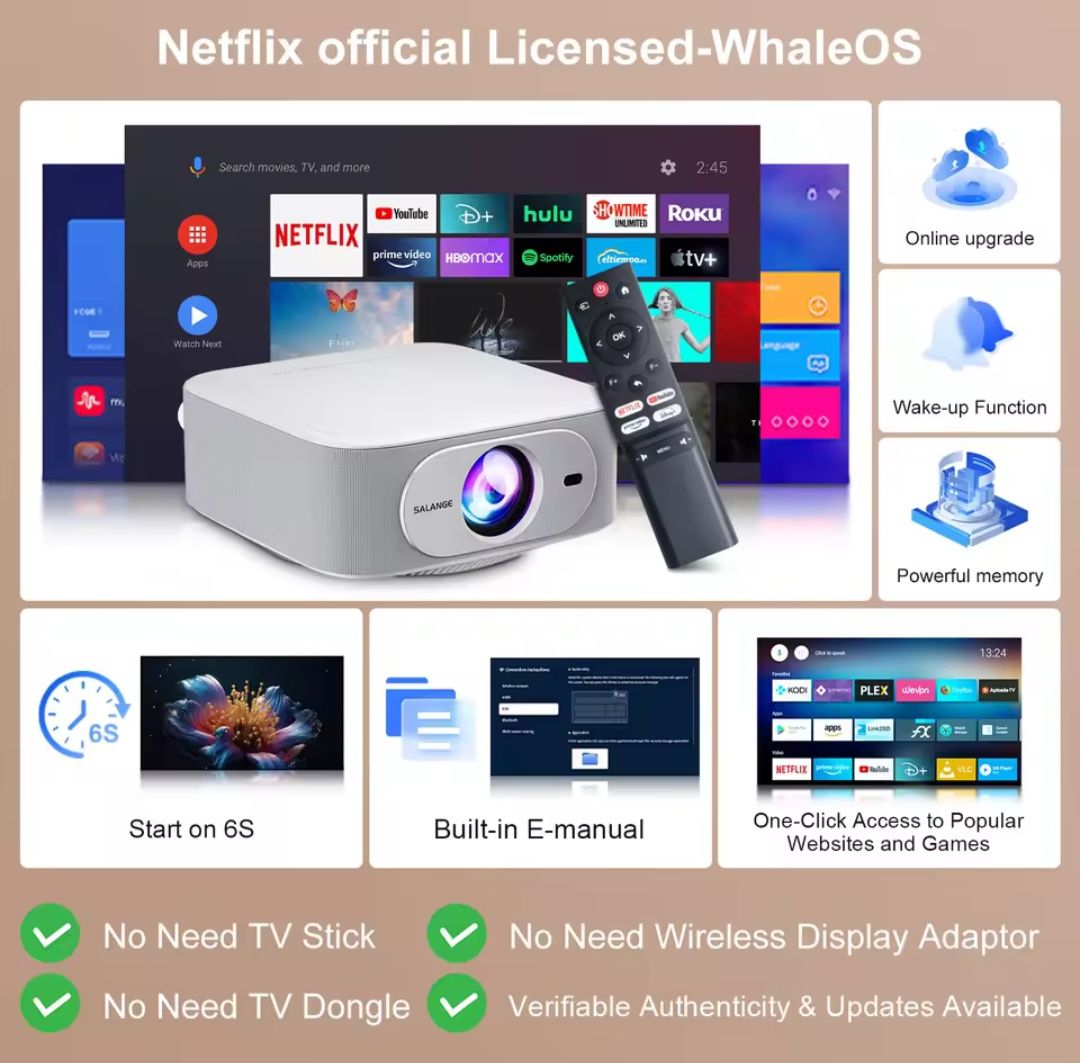 Проектор Salange P92MAX Android 13 HIFI Офіційно ліцензований Netflix