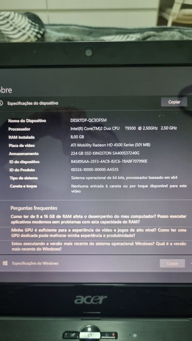 Portátil Acer 8GB SSD