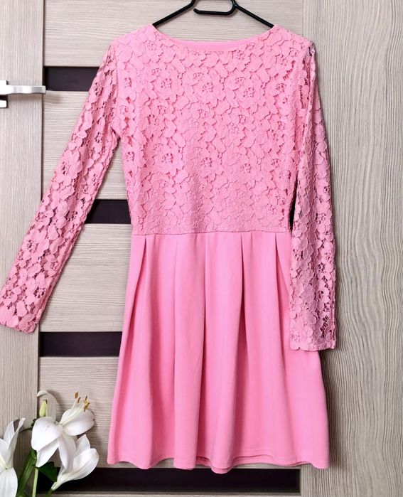 Elegancka sukienka damska koronka pudrowy róż r. 36, S