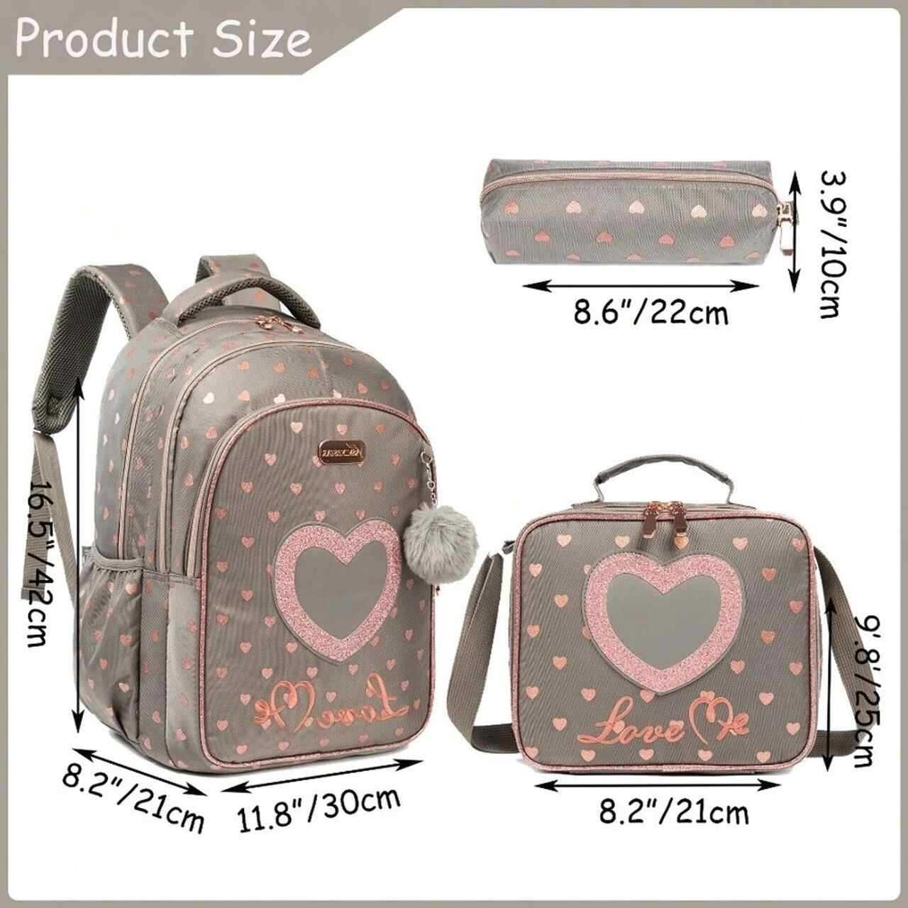 Pack Escolar coração cinza e rosa 3 peças