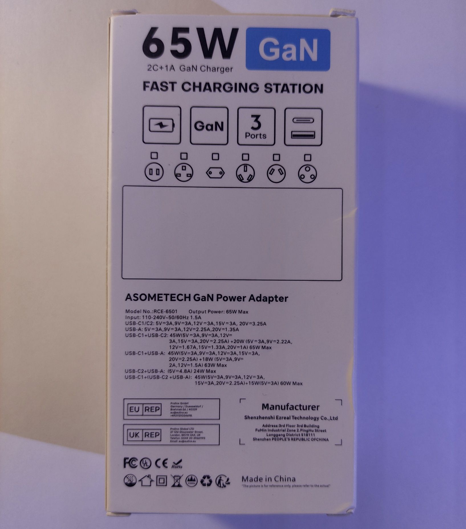 Зарядний пристрій 65W ASOMETECH GaN 3-Ports чорний.