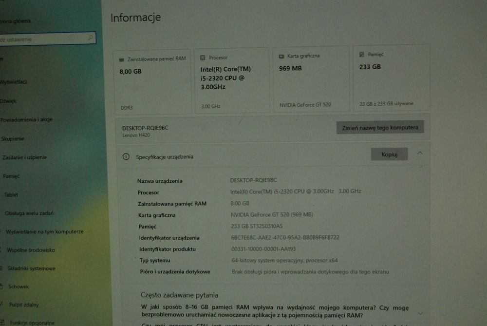 Komputer Lenovo  i5-2320 8/256GB grafika Nvidia GF GT520 1 GB