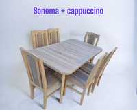 Nowe: Stół 80x140/180 + 6 krzeseł, sonoma + cappucino,  trans PL