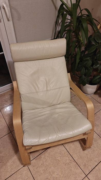 Fotel Bujany Krzesło Ikea Poang Pello Skóra Skórzany Kremowy
