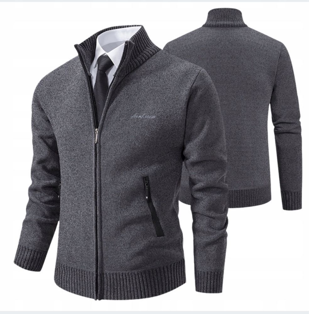 Elegancki nowy męski ciepły sweter bluza rozpinany szary