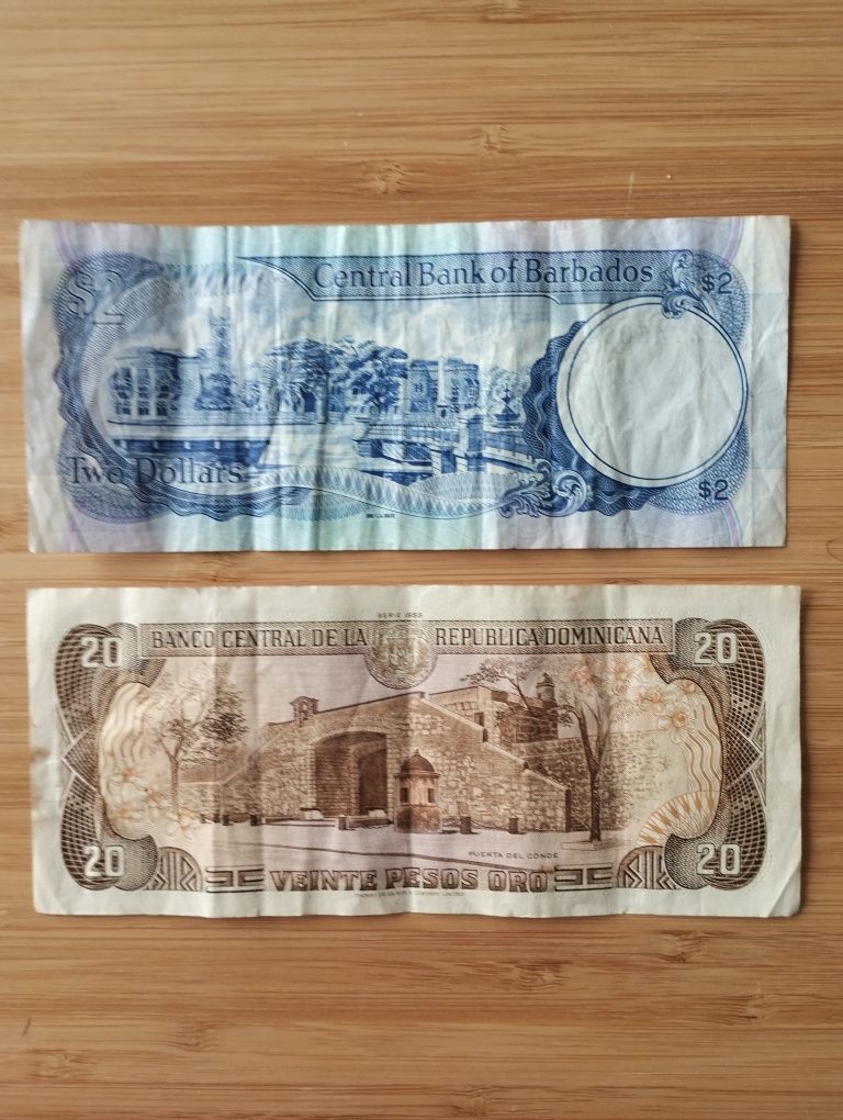 Banknoty, Dominikana 20 pesos pro 1988, Barbados 2 dolary 1993