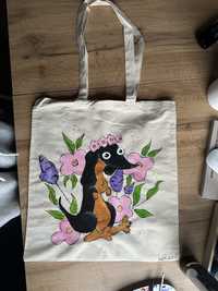 Bawełniana torba tote bag jamnik dachshund pies psuara kwiaty