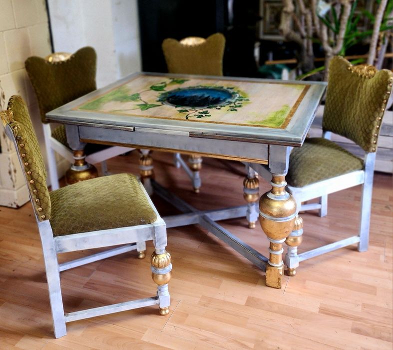 Stół rozkładany komplet krzesła ręcznie malowany unikat