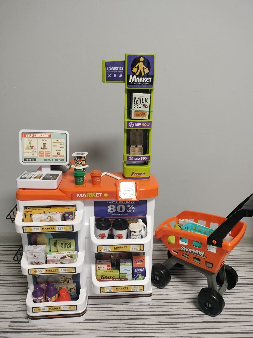 Duży sklep, supermarket dla dzieci, wózek, waga, kasa, akcesoria