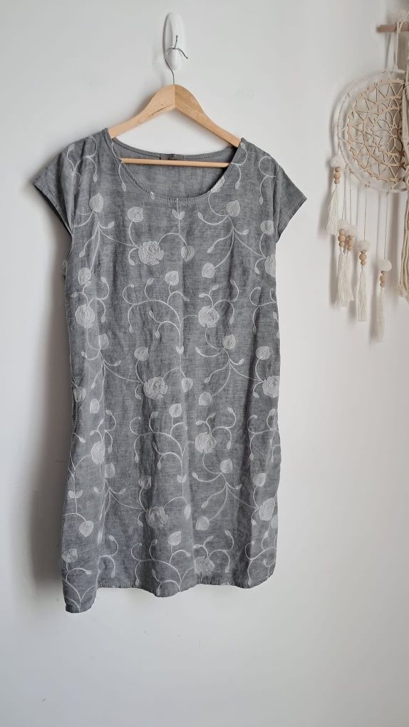 Sukienka len szmizjerka szara XL/42 na codzień elegancka