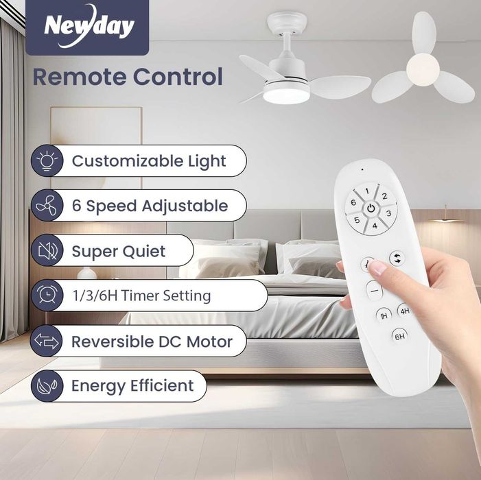 Newday Cichy wentylator sufitowy z oświetleniem LED i pilotem 61 cm