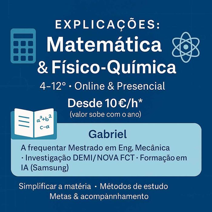 Explicações de Matemática/Físico-Química (4º–11º) • Online/Presencial