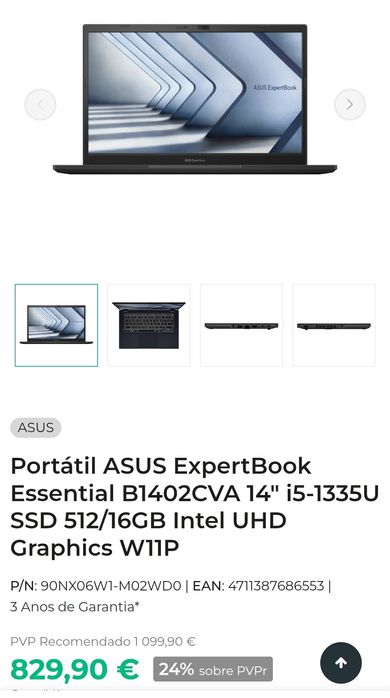 Asus ExpertBook 15.6" 13th Gen 16GB 512GB SELADO. Troca/retoma.
