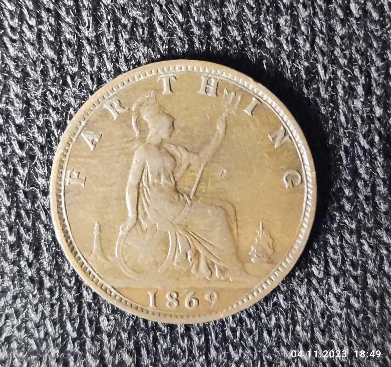 Монета Великобритании фартинг 1869 год,сохран!!! 1500 гривен.