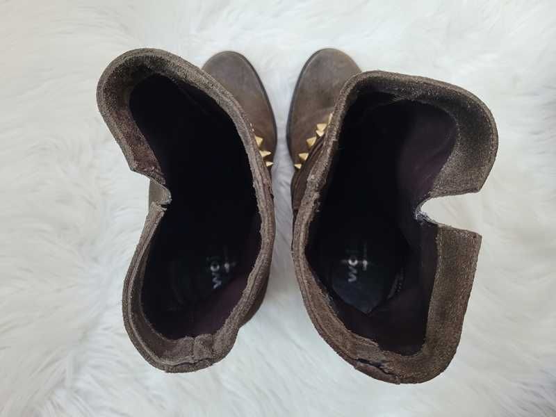 Brązowe, skórzane buty (ircha) / botki na koturnie / koturny, Wojas,37