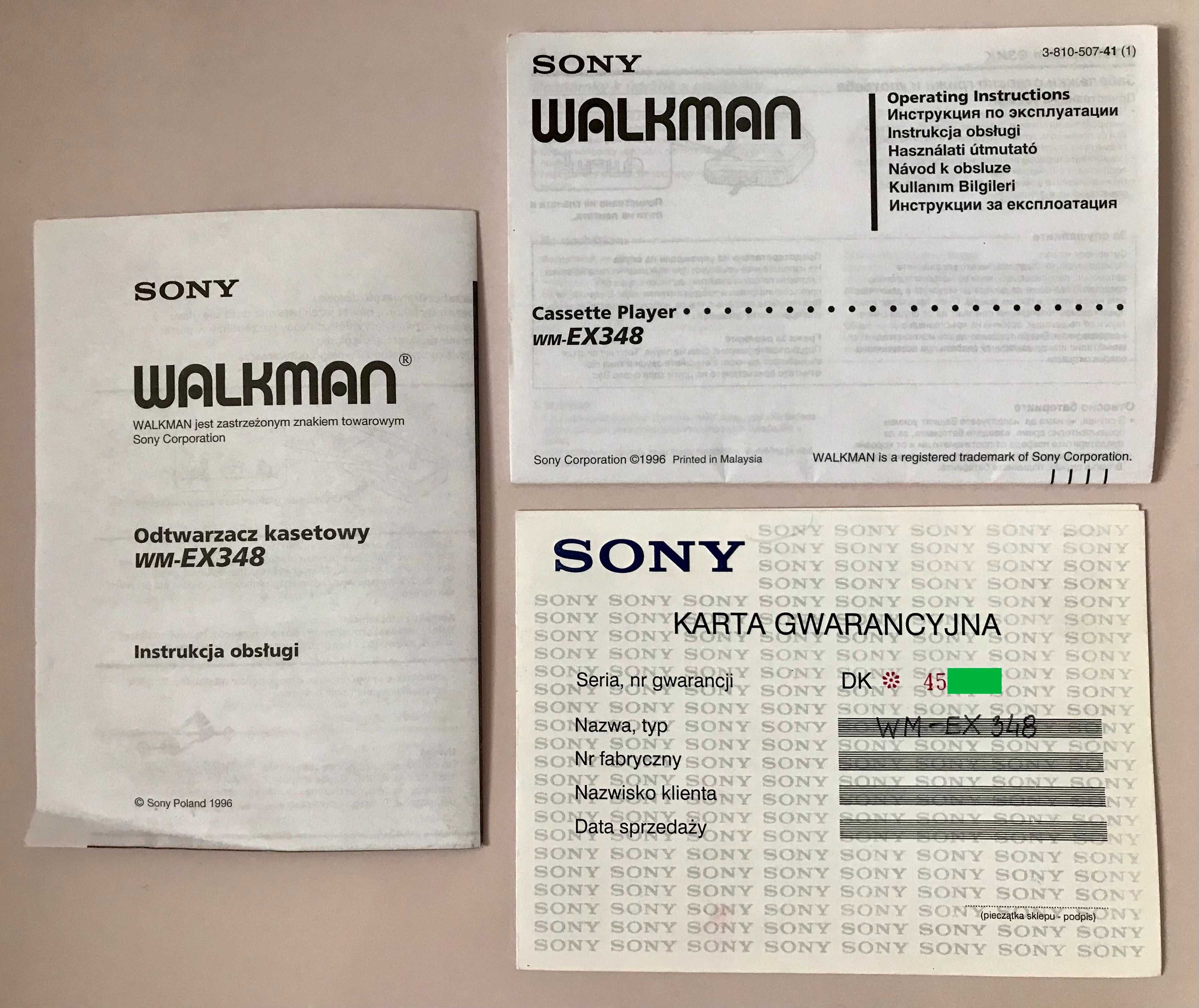 Dokumentacja Walkman Sony WM-EX348, kompletny oryginał 1998 rok. Stan!