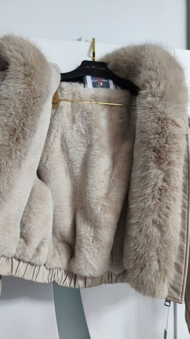 Kurtka  zimowa damska skóra beżowa nowa z metką futerko kieszenie  xl