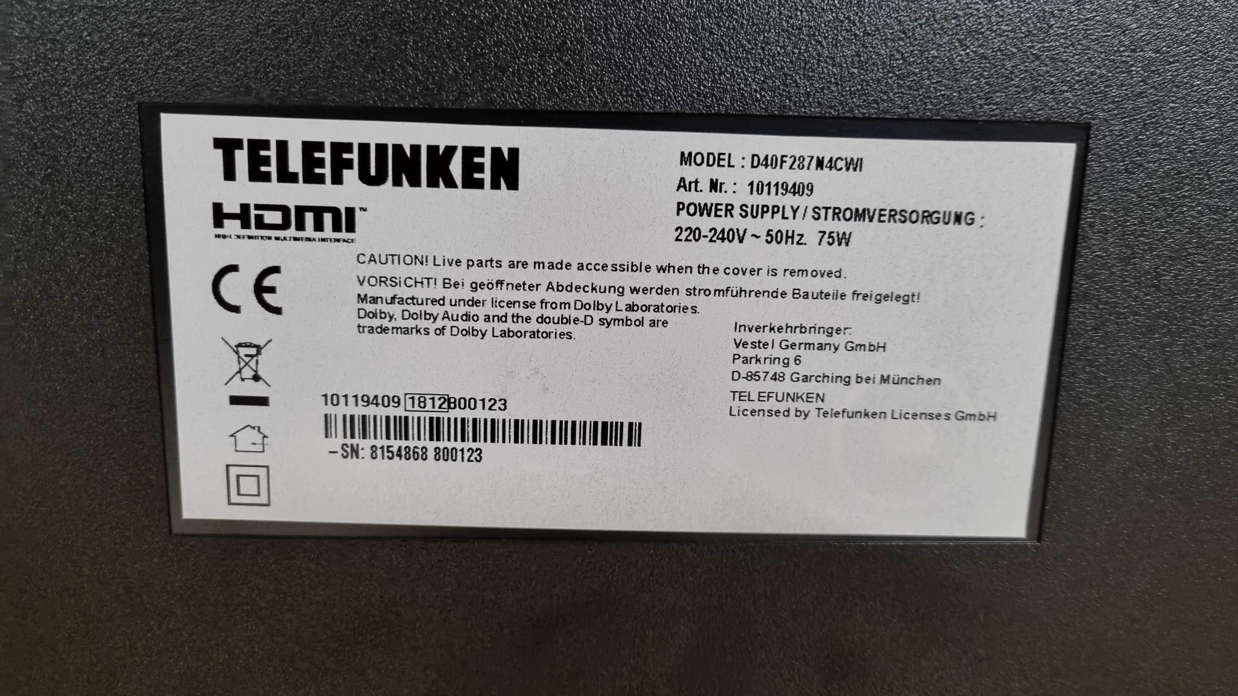Телевізор Telefunken D40F287M4CW Full HD / USB / 600Hz / Ethernet.
