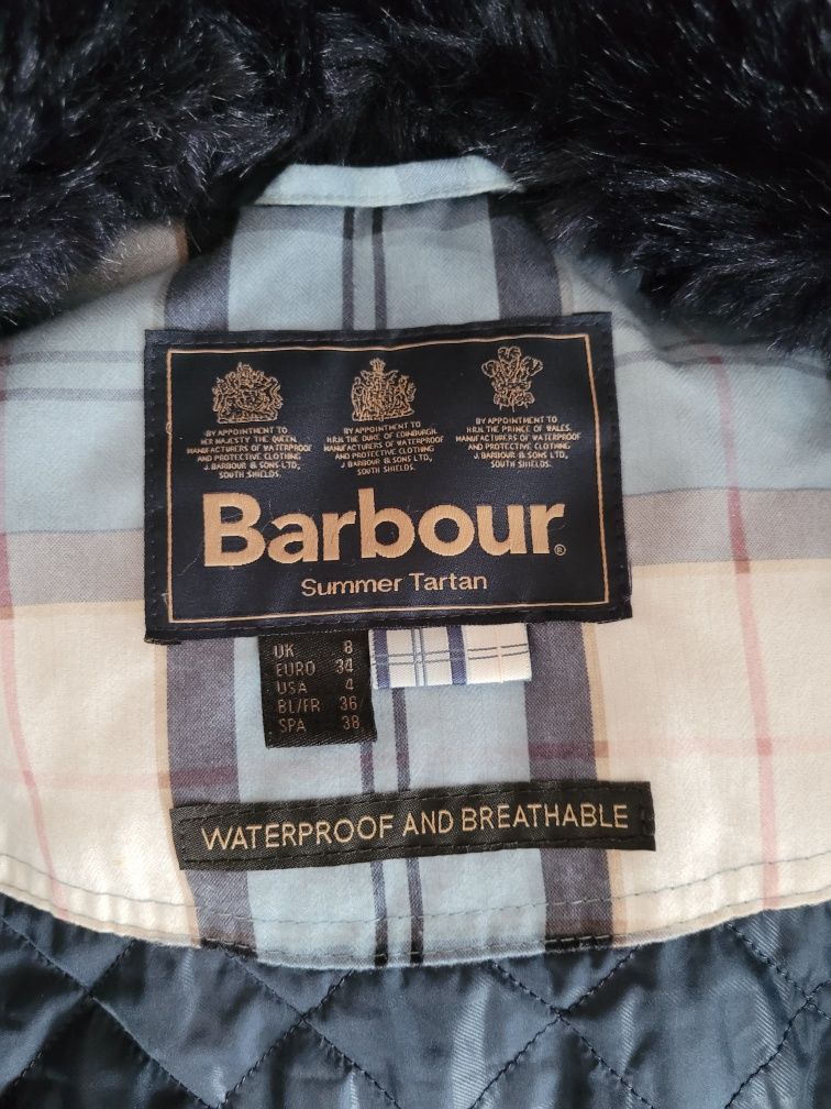 Kurtka Barbour Summer Tartan XS 34 oryginalna markowa granatowa z kapt