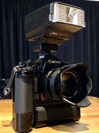 Canon A-1, FD 50/1.4, MotorDrive MA Set, Lampa Blitz