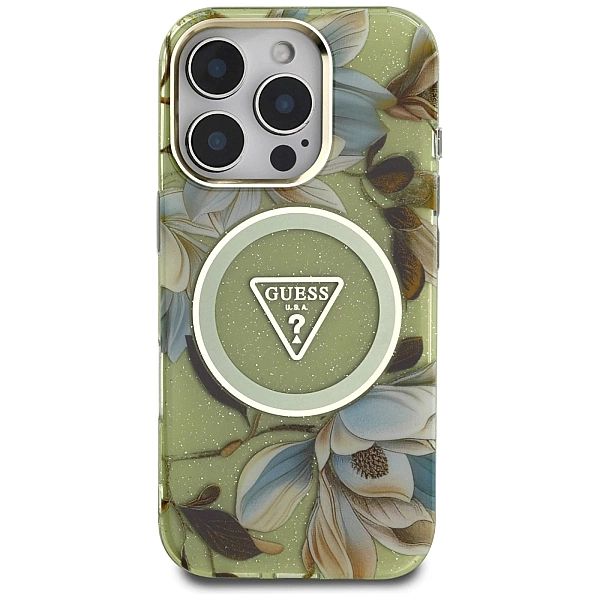 Etui Guess Glitter Flowers Triangle Buttons MagSafe do iPhone 16 Pro M