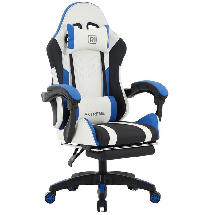 Fotel Gamingowy Extreme R1 Black/White/Blue, Z Podnóżkiem Dla Graczy