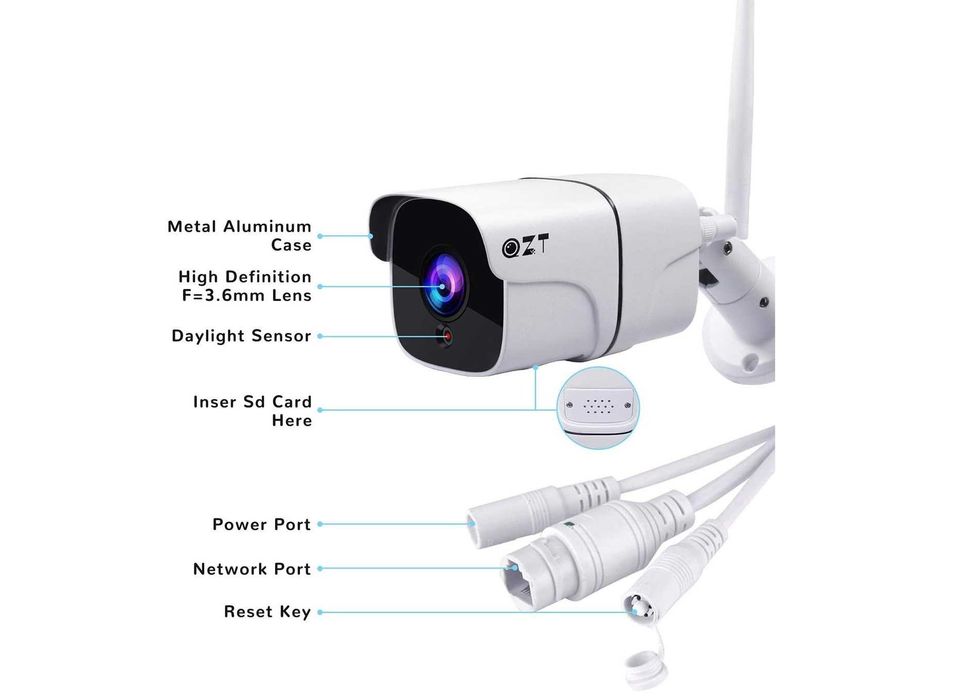 Наружная камера наблюдения 1080p, WiFi Ethernet, питание 12V, алюминий